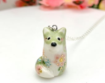 Flower Fox Necklace | Spring Jewelry | Handmade Ceramic Charm Fox Lover Gift