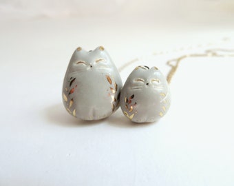 Grey Gold Cat Necklace | Porcelain Pendant | Gold Laurel Jewelry | Cat Lover Gift