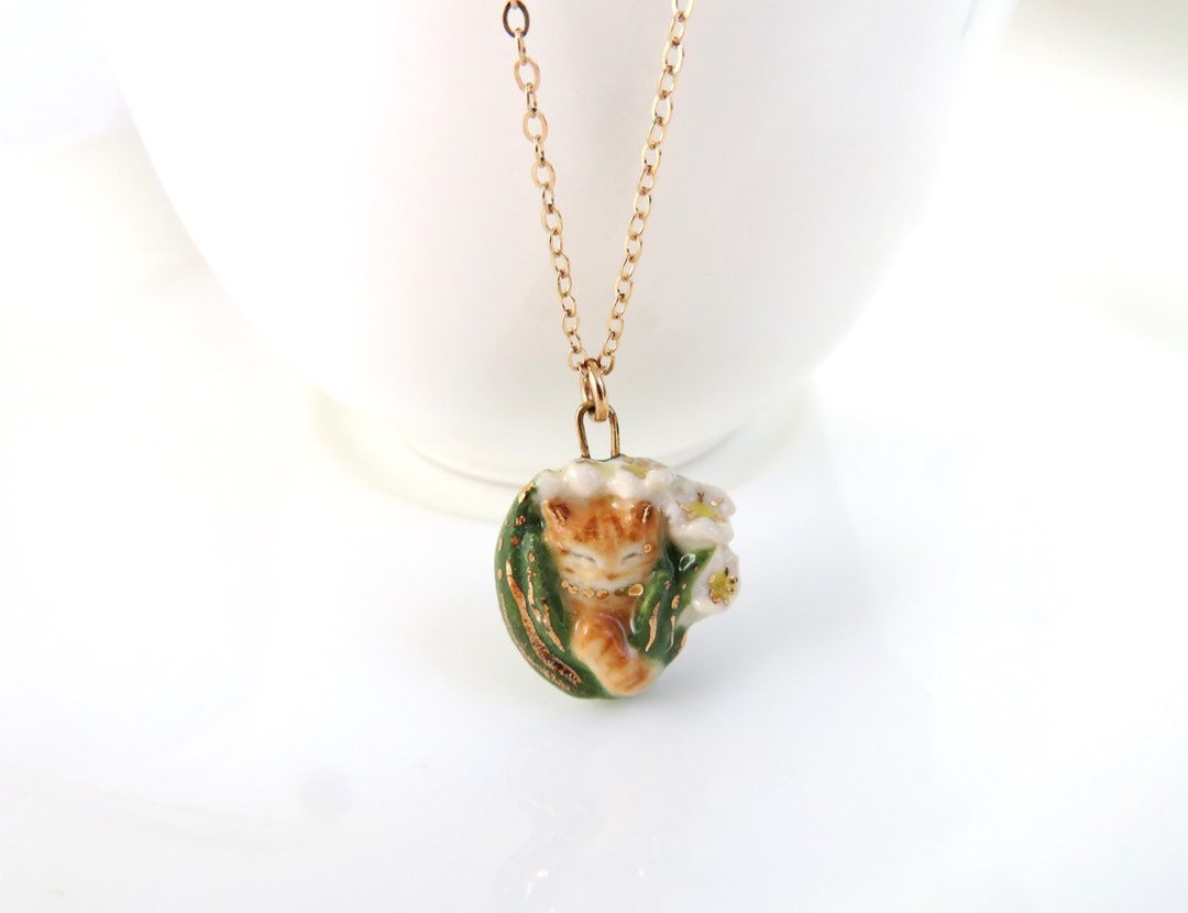 Cat Pendant Necklace, Orange Tabby Cat Jewelry, Ceramic Charm, Cat in