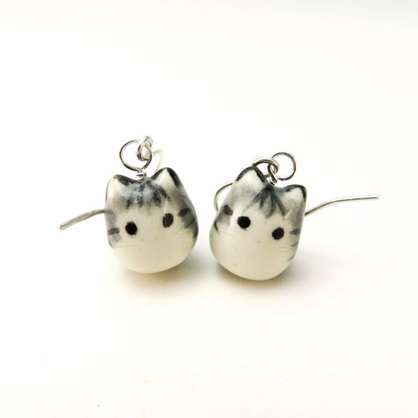 Gray Tabby Cat Earrings | Porcelain Dangle Earrings | Cat Lover Gift