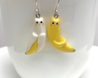 Banana Cat Earrings Funny Cat Gift Yellow Ceramic Earrings