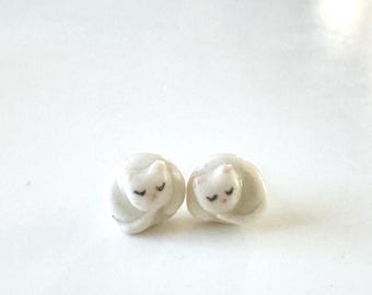 Sleeping Cat Stud Earrings Cat Mom Gift Teeny Tiny Handmade Porcelain Jewelry White Cat