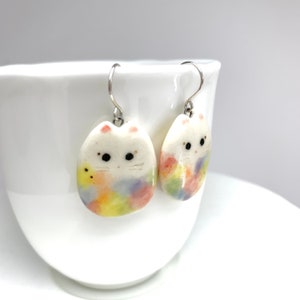 Pastel Rainbow Cat Earrings, Flat Dangle, Fun Porcelain, Cat Lady Gift, Colorful Cat Jewelry image 2