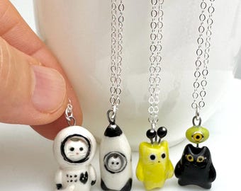 Cosmic Cat Necklace Catstronaut Rocket Alien Cats Handmade Ceramic Jewelry