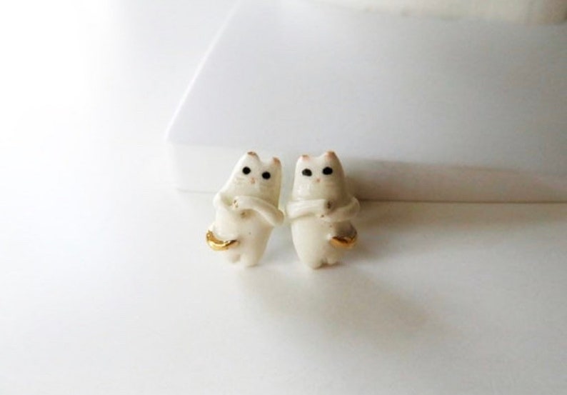 Cat Lover Jewelry Gift Funny Cat White Gold Cat Stud Earrings Porcelain Earrings
