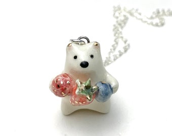 Berry Bear Necklace, Bear Lover Gift, Cute Whimsical Animal, Ceramic Charm