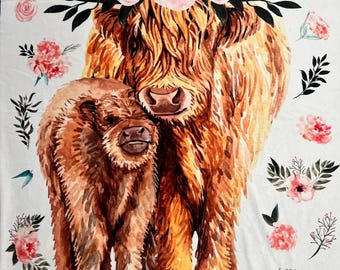 Manta Minky de doble cara de vaca de las Tierras Altas, tamaño para niños pequeños/viajes, 55” x 36”