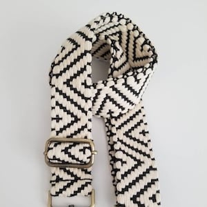 Boho woven purse strap/bag strap/black and cream 1 1/2 inch wide adjustable crossbody bag strap, replacement strap,guitar style bag strap