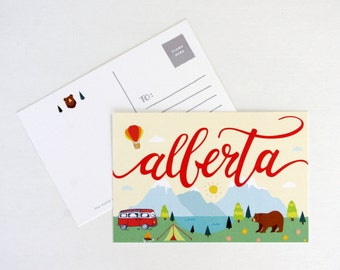 Let's Camp Alberta Postcard | Handdrawn Illustration Print | Alberta, Canada