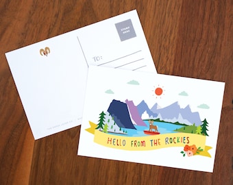 Hello from the Rockies Postcard | Canadian Rockies | Moraine Lake | Banff | Handdrawn Illustration Print | Alberta, Canada