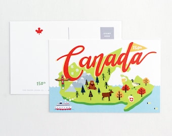 May include: A postcard featuring a stylized map of Canada with various illustrations, including a bear, a moose, a canoe, a maple leaf, and a beaver. The text "Canada" is written in red with a yellow outline and the text "150th" is written in a yellow flag.