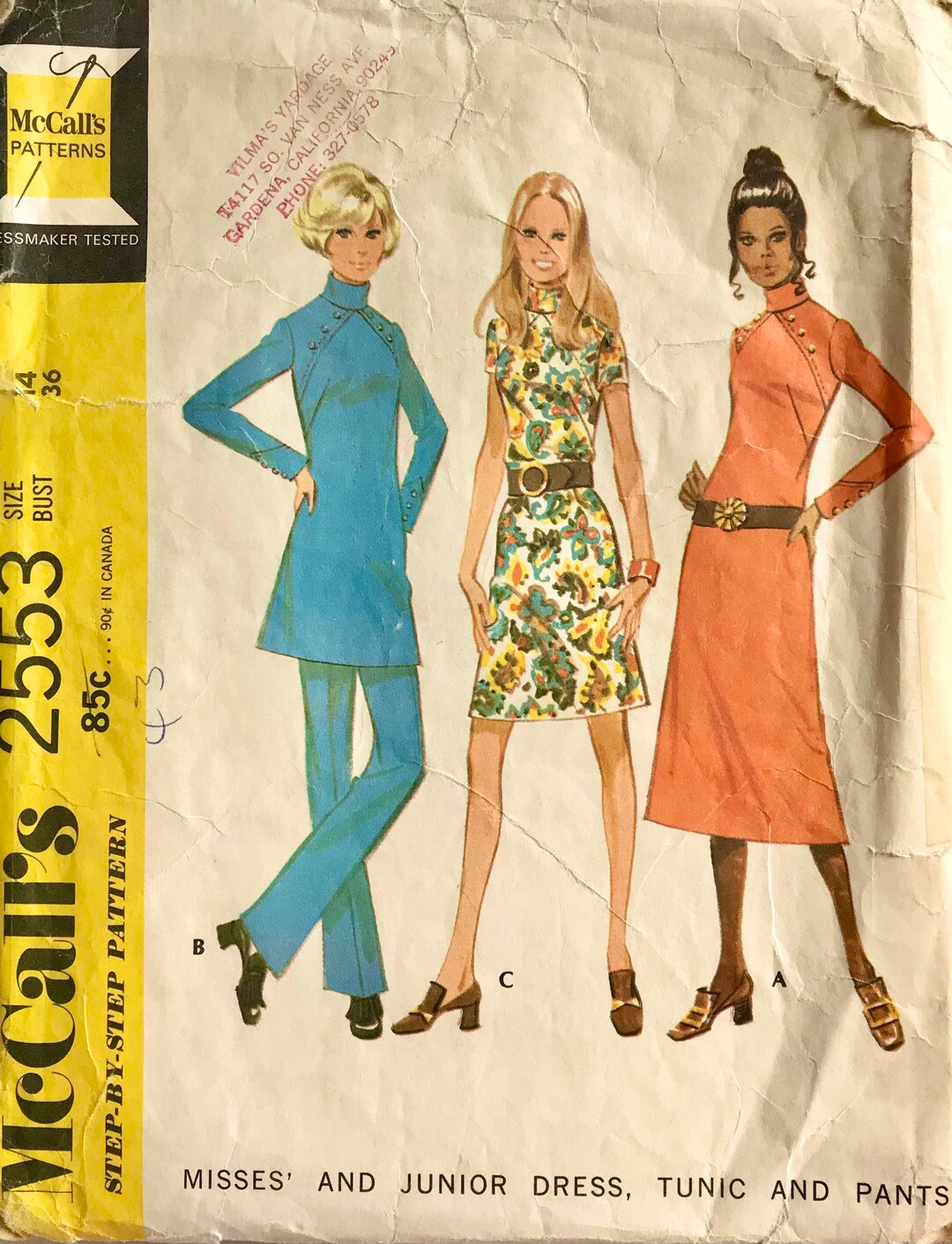 Vintage Mccalls Pattern 2553 Misses and Junior Dress, Tunic, and Pants
