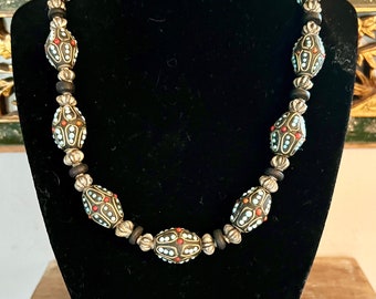 Vintage Turquoise, Silver and Wood Bead Necklace from India