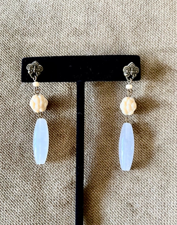 Vintage White Moonstone and Faux Ivory Dangle Earr