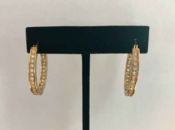 Vintage Avon Gold Tone Hoop Earrings with Rhinest… - image 2