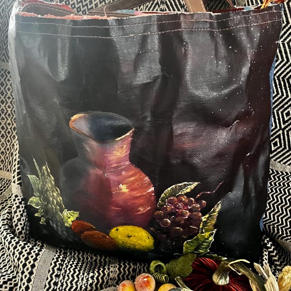 Handmade Upcycled Oil Painting Tote Bag; Still Life