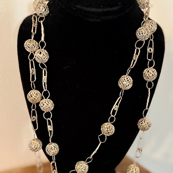 Vintage Silver Filigree Bead Necklace from Mexico