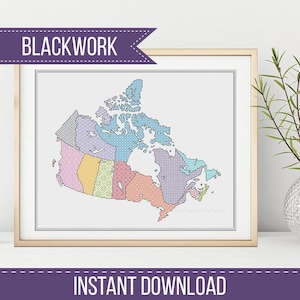 May include: A framed blackwork embroidery of the Canadian map, with each province and territory in a different pastel colour. The text "BLACKWORK" is at the top, and "INSTANT DOWNLOAD" is at the bottom. The artwork is in a gold frame.