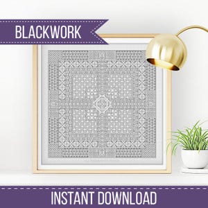 May include: A framed black and white blackwork embroidery pattern. The design features a symmetrical geometric pattern with floral and geometric shapes. The words "BLACKWORK" and "INSTANT DOWNLOAD" are displayed on the image.