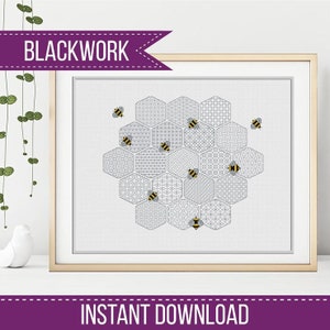 Blackwork Embroidery Honeycomb Worker Bees Chart by Peppermint Purple image 2