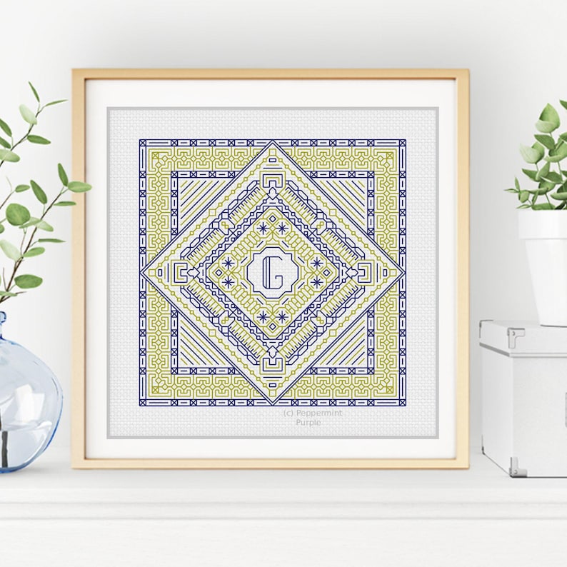 An image of a Blackwork & Cross Stitch Pattern created by Peppermint Purple called Blackwork Pattern - Middle Initial by Peppermint Purple