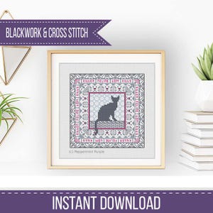Puede incluir: Un patrón de punto de cruz enmarcado con la silueta de un gato gris. El diseño incluye el texto "Kitten Feline Lom Kieey" y está rodeado por un borde decorativo. Las palabras "Blackwork & Cross Stitch" e "Instant Download" también son visibles.