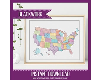 Blackwork USA Map Pattern, Black Work United States Map Chart, Blackwork chart  by Peppermint Purple