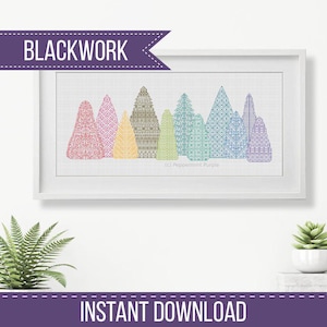 Può includere: Un ricamo blackwork incorniciato con una fila di alberi stilizzati in vari colori, tra cui rosa, giallo, verde e blu. L'opera d'arte è esposta in una cornice bianca e include il testo "BLACKWORK" e "INSTANT DOWNLOAD".
