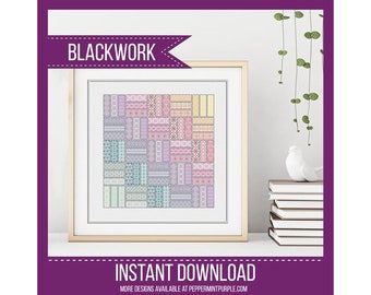 Blackwork Embroidery Rainbow Quilt Pattern, BlackWork Chart, Coloured Blackwork Chart by Peppermint Purple