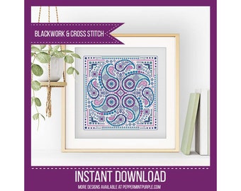 Hints of Paisley Blackwork & Cross Stitch chart  by Peppermint Purple