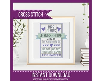 LGBT Wedding Cross Stitch Pattern, Mrs and Mrs Personalised Wedding Cross Stitch Chart by Peppermint Purple - Alphabet included