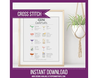 Gin Cocktails Cross Stitch Chart Instant PDF - Gin Cocktails - cross stitch Chart by Peppermint Purple