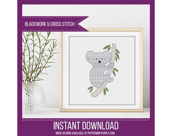 Blackwork Koala Pattern, Coloured Blackwork Chart by Peppermint Purple