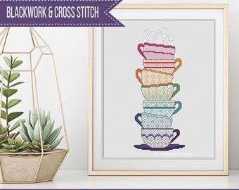 Gráfico de ponto cruz de xícaras de chá em preto: Blackwork colorido (padrão em PDF)