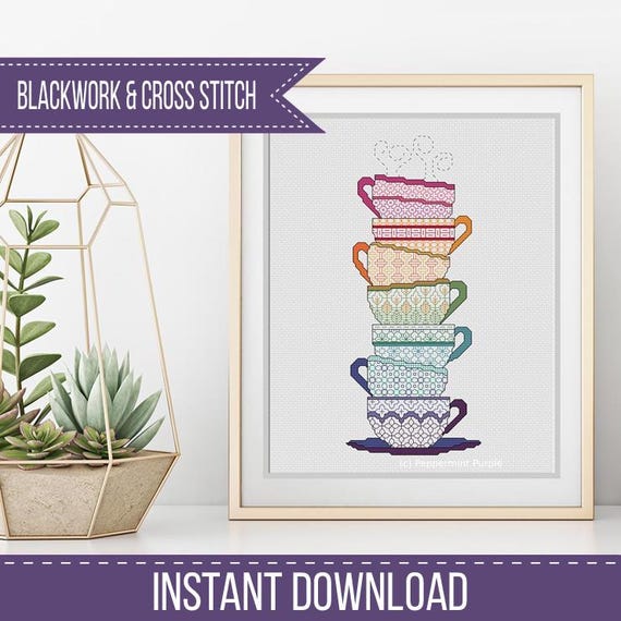 Blackwork Teacups Cross Stitch Chart: Coloured Blackwork (PDF Pattern)