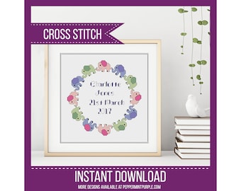 Baby Cross Stitch Birth Sampler Pattern with Baby Elephants,  Modern Cross Stitch Pattern, Elephant Cross Stitch Chart by Peppermint Purple