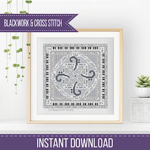 May include: A framed blackwork and cross stitch design featuring a musical theme. The design includes piano keys, musical notes, and the words "Major" and "Minor." The text "Blackwork & Cross Stitch" and "Instant Download" are also visible.