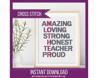 Mother Cross Stitch Pattern, Cross Stitch Pattern, Mothers Day Gift, DIY Gift for Mum counted cross stitch Chart by Peppermint Purple