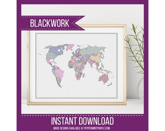Blackwork & Cross Stitch World Map by Peppermint Purple