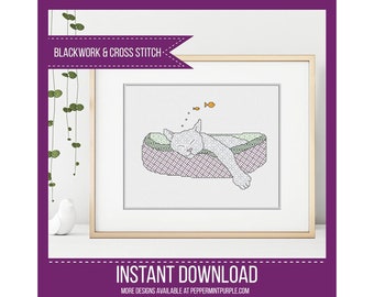 Blackwork Cat Pattern, Fishy Dreams , Blackwork Chart, Blackwork chart by Peppermint Purple