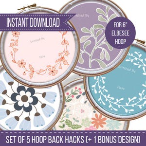 May include: A set of five embroidery hoop back designs, plus one bonus design, with floral and botanical patterns. The designs are in various colors, including pink, purple, and blue, and are designed for a 6-inch Elbesee hoop. The words "Instant Download" are also visible.