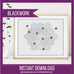 Blackwork Embroidery Honeycomb Worker Bees Chart by Peppermint Purple image 1