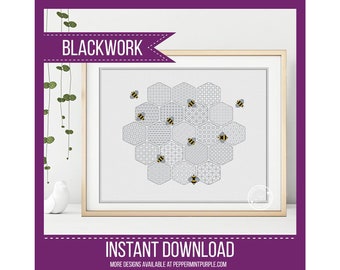 Blackwork Embroidery Honeycomb Worker Bees Chart by Peppermint Purple