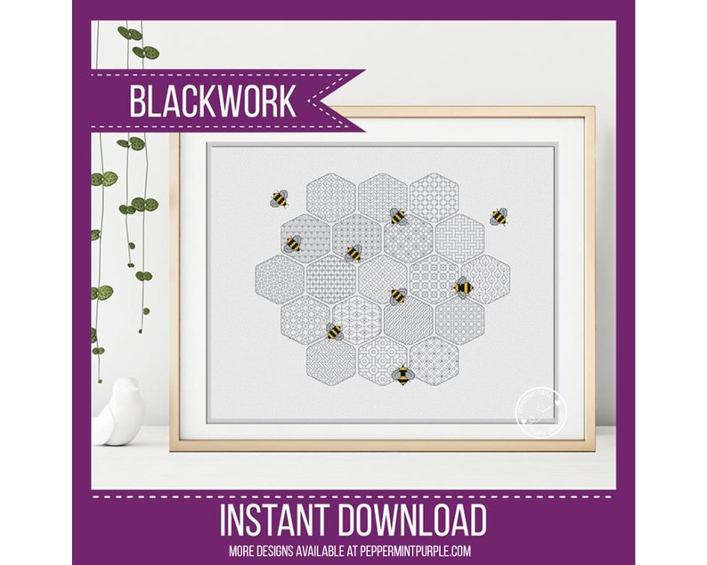 Blackwork Embroidery Honeycomb Worker Bees Chart by Peppermint Purple image 1