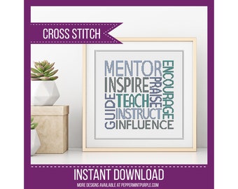 Teacher Mentor Words cross stitch pattern Cross Stitch Chart, diy gift, counted cross stitch Chart,  xstitch chart  by Peppermint Purple