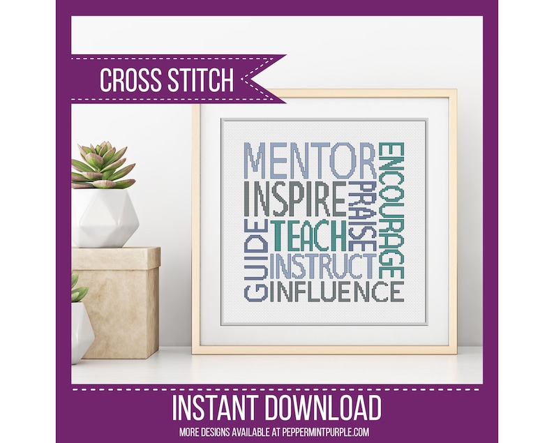 Teacher Mentor Words cross stitch pattern Cross Stitch Chart, diy gift, counted cross stitch Chart, xstitch chart by Peppermint Purple image 1