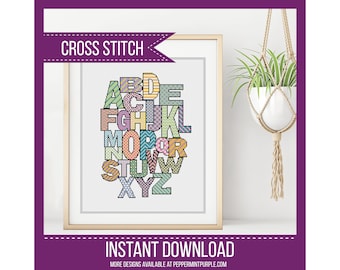 Modern Nursery Cross Stitch Chart - Multicoloured Patterned Alphabet -  counted cross stitch Chart by Peppermint Purple