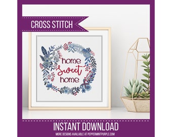 Home Sweet Home Cross Stitch Pattern,Counted Cross-Stitch Chart, Blue Home Sweet Home by Peppermint Purple