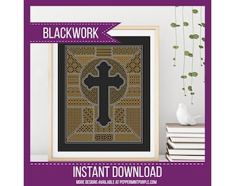 Blackwork Cross Pattern, Black Work Religious Cross Chart, Blackwork chart  by Peppermint Purple