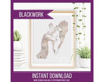 Giraffe Blackwork Pattern, Blackwork Giraffe Baby & Mother , Coloured Blackwork Chart by Peppermint Purple